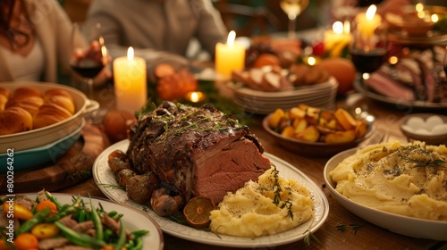 A family feast scene featuring traditional dishes like roast beef and mashed potatoes, warmly lit to evoke a sense of home