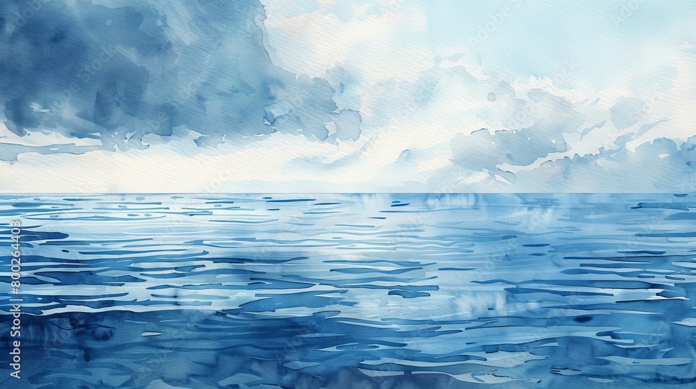 Ethereal watercolor seascape of a serene ocean at dusk, the sky and water merging in a palette of cool blues and soft grays