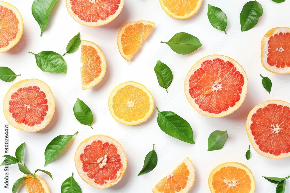 Grapefruit slices with leaves on white background top view Grapefruit slices with leaves on white background top view