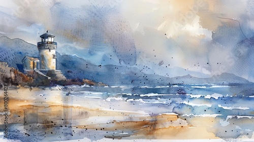 Evocative watercolor of a lighthouse standing steadfast on a cliff, overlooking a tranquil sea under a clearing storm sky