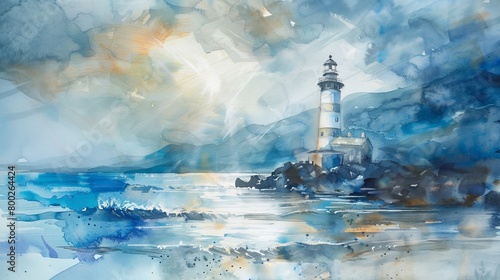 Evocative watercolor of a lighthouse standing steadfast on a cliff, overlooking a tranquil sea under a clearing storm sky