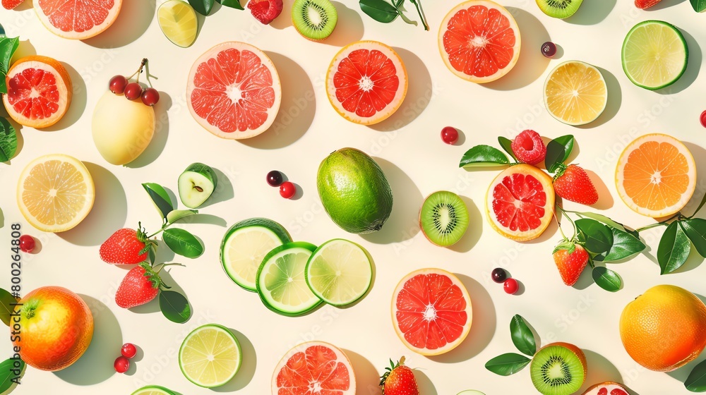 Seasonal fruits in a seamless array, soft color background, elegant magazine cover, overhead angle Seasonal fruits in a seamless array, soft color background, elegant magazine cover, overhead angle