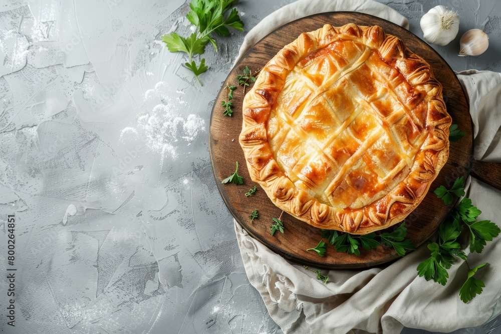 Greek cheese pie on table with gray background Top view Space for text Greek cheese pie on table with gray background Top view Space for text