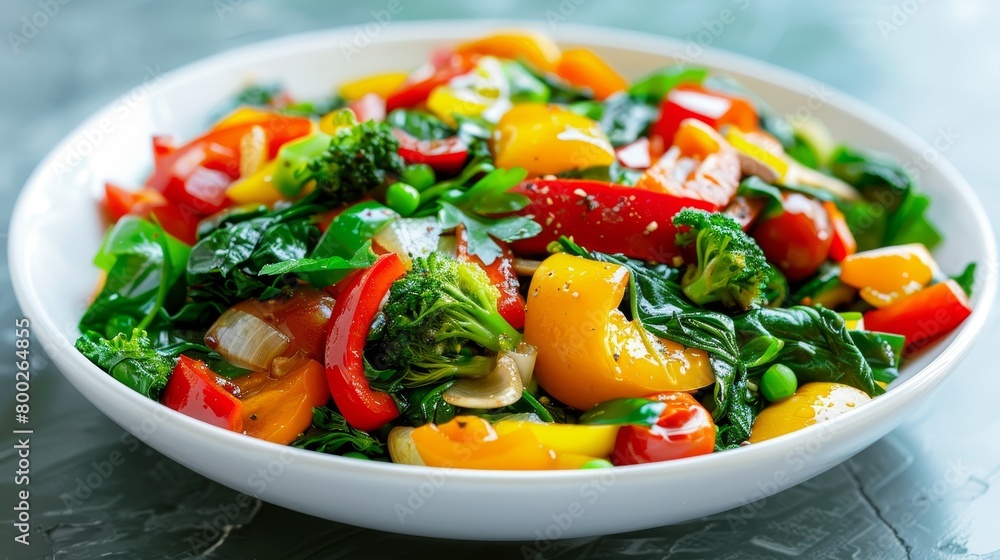 A colorful vegetable stir-fry rich in greens, reds, and yellows, served in a white ceramic dish, under studio lighting to enhance freshness