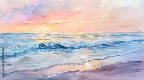 Gentle watercolor depiction of a quiet seaside, the rhythm of gentle waves lapping at the shore, under a pastel sunset