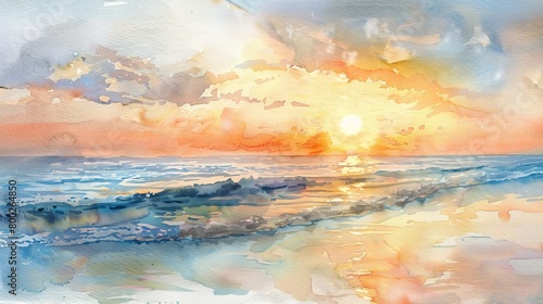 Gentle watercolor depiction of a quiet seaside, the rhythm of gentle waves lapping at the shore, under a pastel sunset