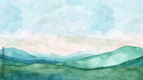 Gentle watercolor depiction of rolling hills under a pastel sky, designed to promote relaxation and comfort in a medical environment