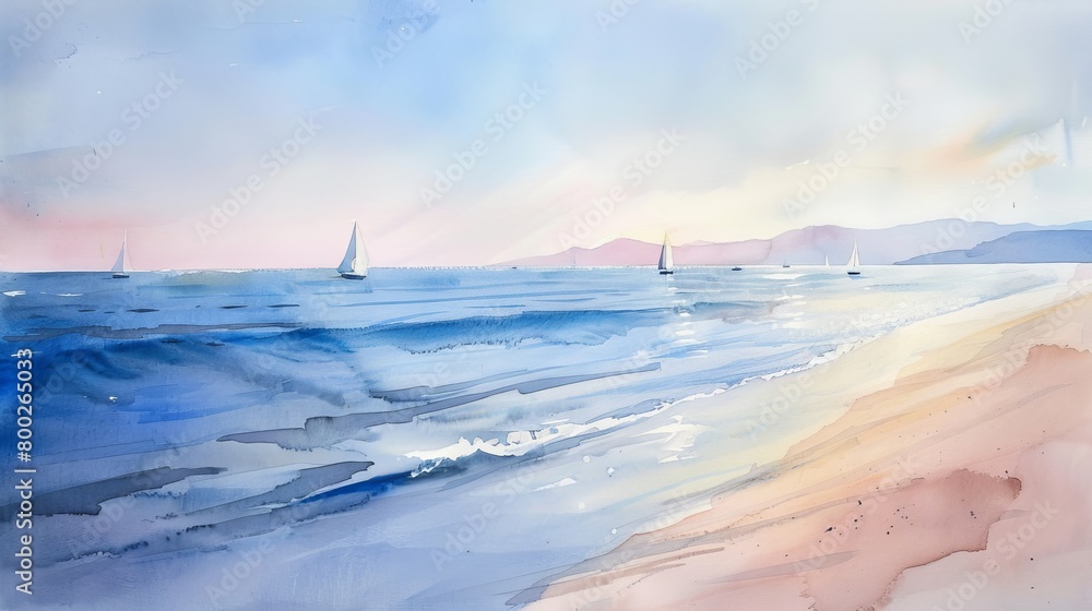 Gentle watercolor of a coastal view with distant sailboats, the horizon blending seamlessly into the sky, calming and subtle Gentle watercolor of a coastal view with distant sailboats, the horizon blending seamlessly into the sky, calming and subtle