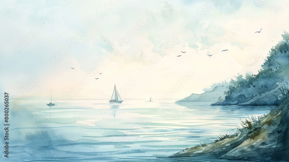 Gentle watercolor of a coastal view with distant sailboats, the horizon blending seamlessly into the sky, calming and subtle