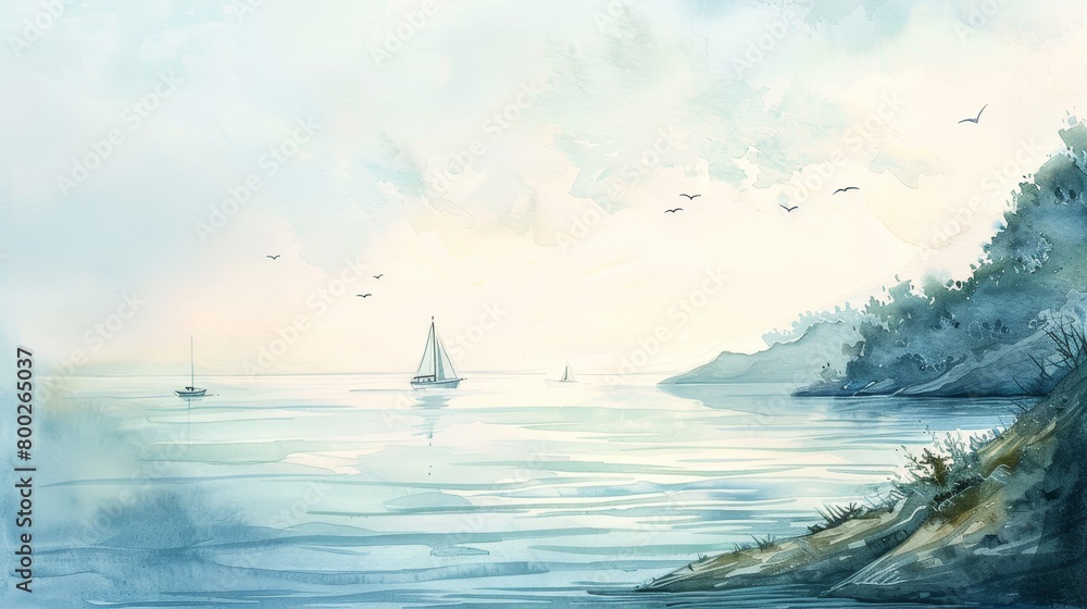 Naklejka premium Gentle watercolor of a coastal view with distant sailboats, the horizon blending seamlessly into the sky, calming and subtle