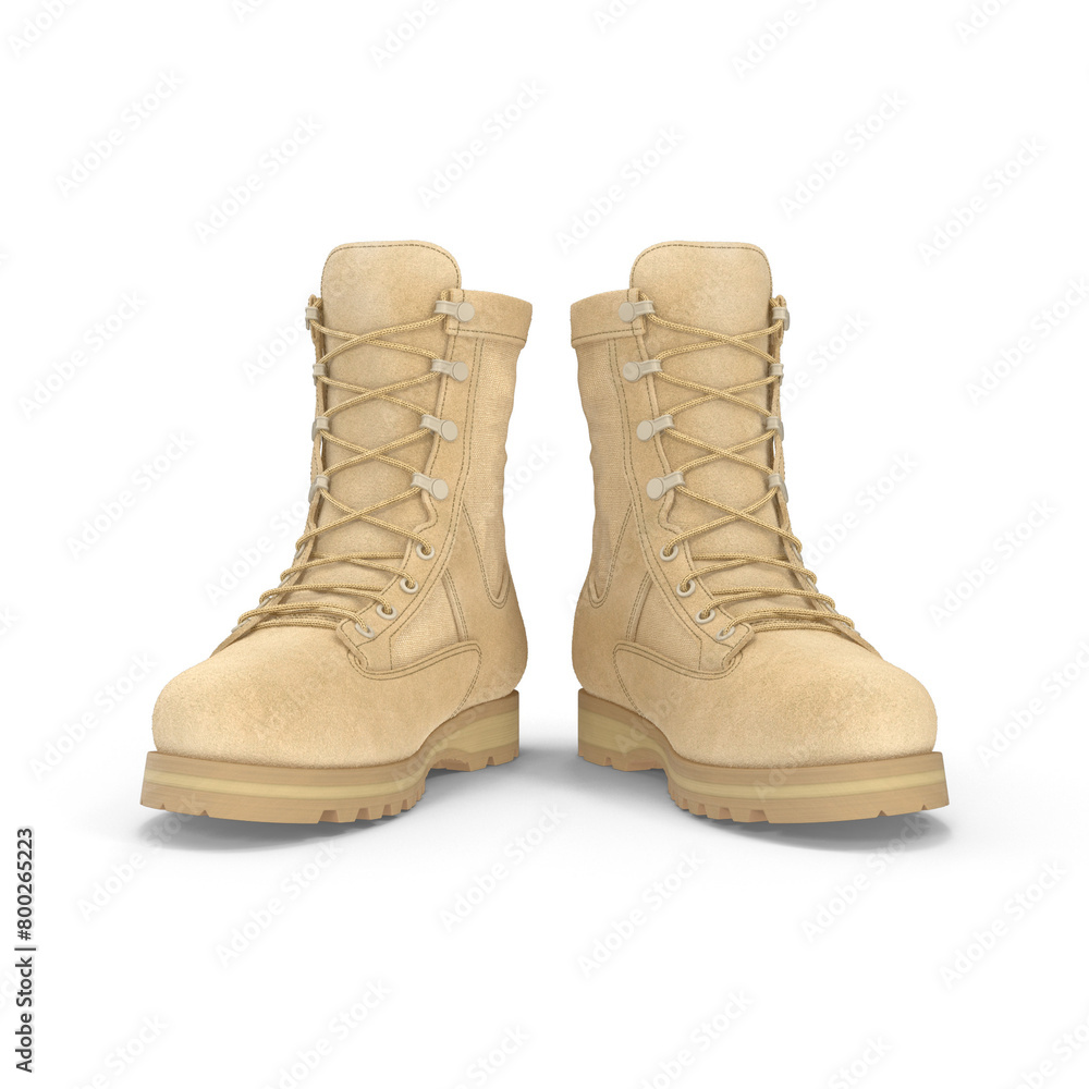 3D realistic Khaki canvas combat boots, isolated, Memorial Day or Veterans Day concept. Boots military equipment of the Armed Forces, Khaki Leather Army Boots