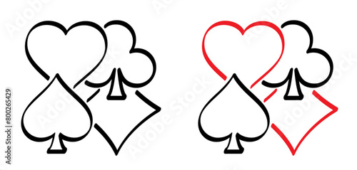 Cartoon ace, king, queen, jack. Cards game spades. Queen, King, Heart, Ace. Poker player card. Spade jack pattern. Vector bridge icon. Gambling play suit black blackjack. Casino club gaming logo.  