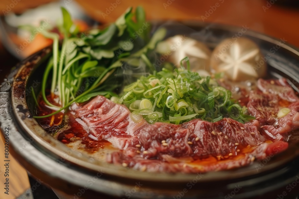 Japanese style hotpot with meat and vegetables cooked in hot soup Japanese style hotpot with meat and vegetables cooked in hot soup