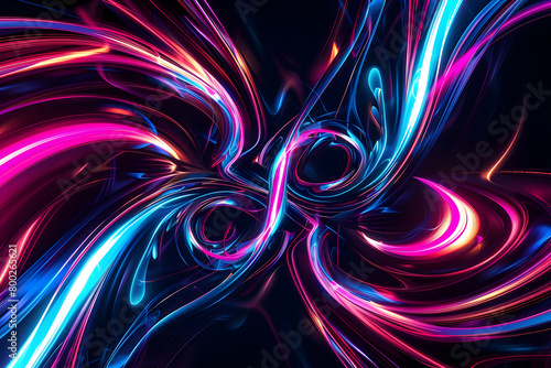 Abstract neon swirls with vibrant pink and blue luminescent patterns. Art on black background.