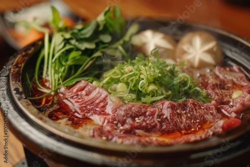 Japanese style hotpot with meat and vegetables cooked in hot soup