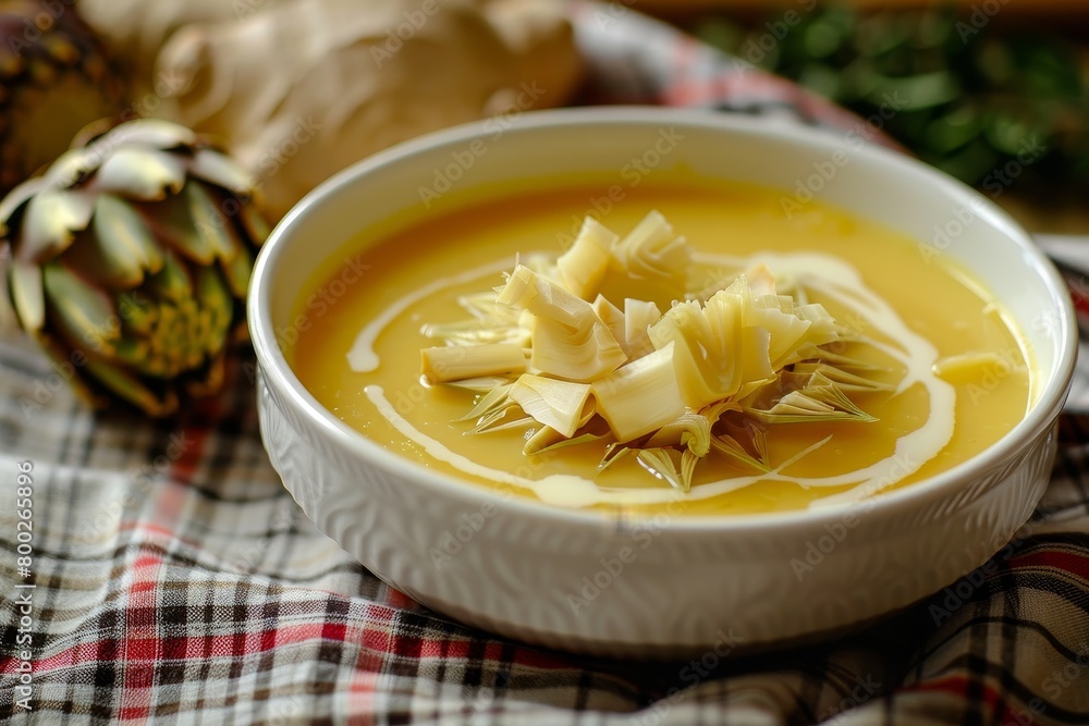 Jerusalem artichoke soup on white plate with raw artichoke Jerusalem artichoke soup on white plate with raw artichoke