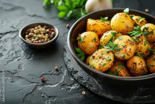 Jeera Aloo on black bowl dark slate background Indian dish with baby potatoes jeera seeds coriander Empty space