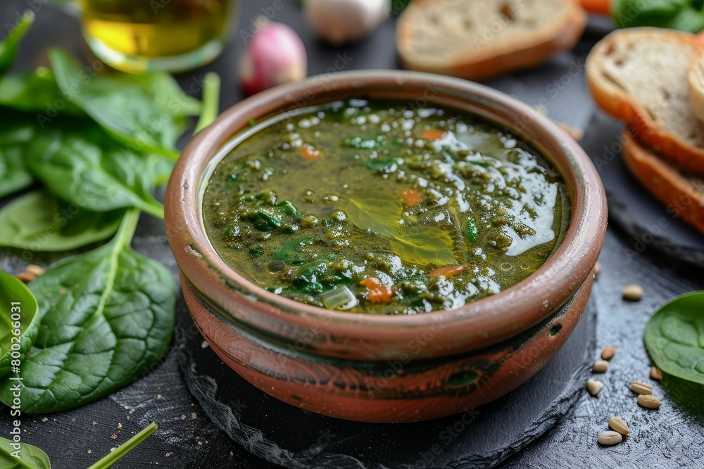 Low calorie soup puree with spinach potatoes carrots and onions served in a clay dish on a dark background with spinach leaves olive oil and diet bread nearby Emp Low calorie soup puree with spinach potatoes carrots and onions served in a clay dish on a dark background with spinach leaves olive oil and diet bread nearby Emp