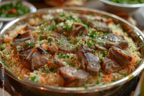 Jordanian national dish mansaf meat and rice in Arabic cuisine photo