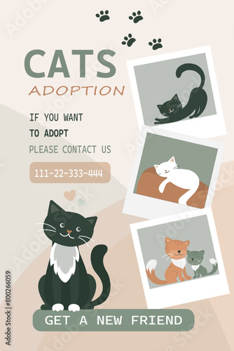 Adorable cats, pets adoption. Adopt don't shop. Card template calling for animal adoption from shelter. Help homeless cat concept. Vertical banner. Get new friend.