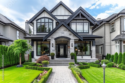 Luxurious custom house with beautifully landscaped front yard in Canadian neighborhood