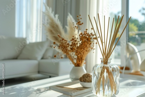 Luxury glass reed diffuser for air freshening and decoration in a white living room photo