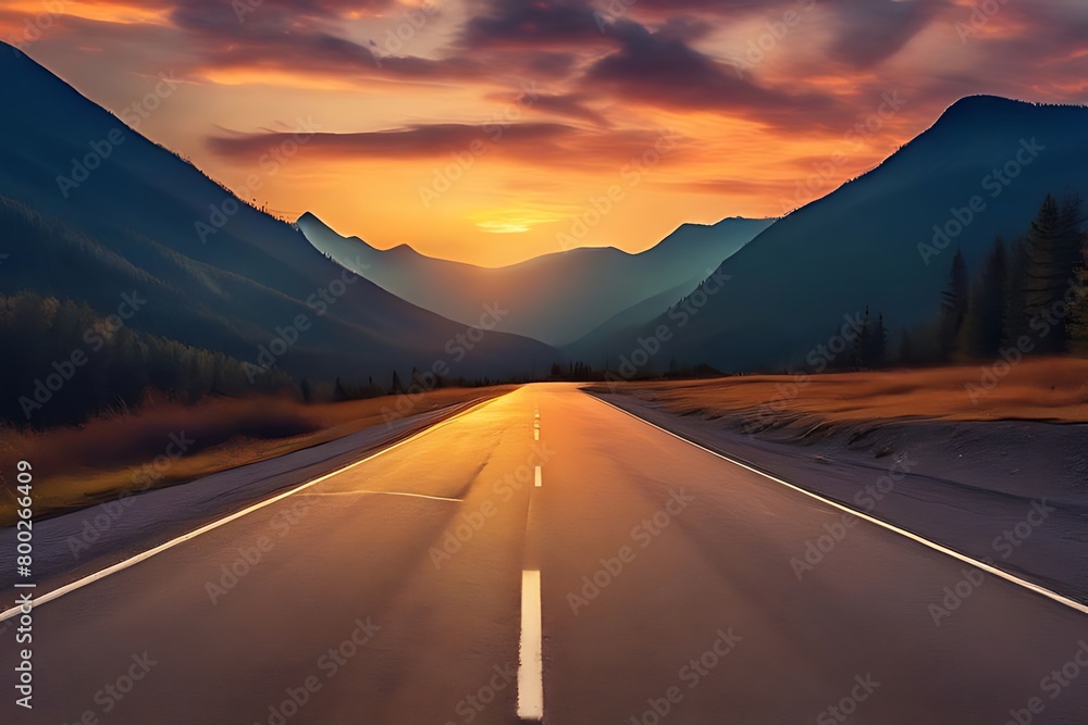Sunset view on an open road with vibrant skies and mountainous backdrop A road with a breathtaking sunrise on the horizon.