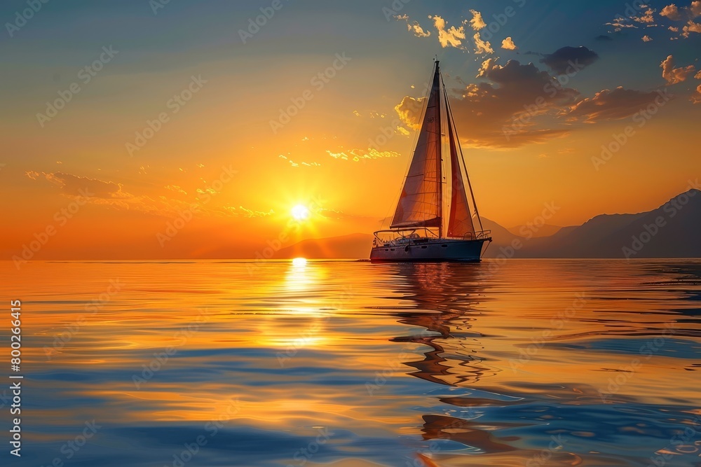 Luxury yacht sailing at sunset