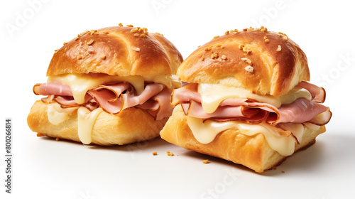Isolated on a background of pure white, picnic ham and cheese bun sandwiches photo