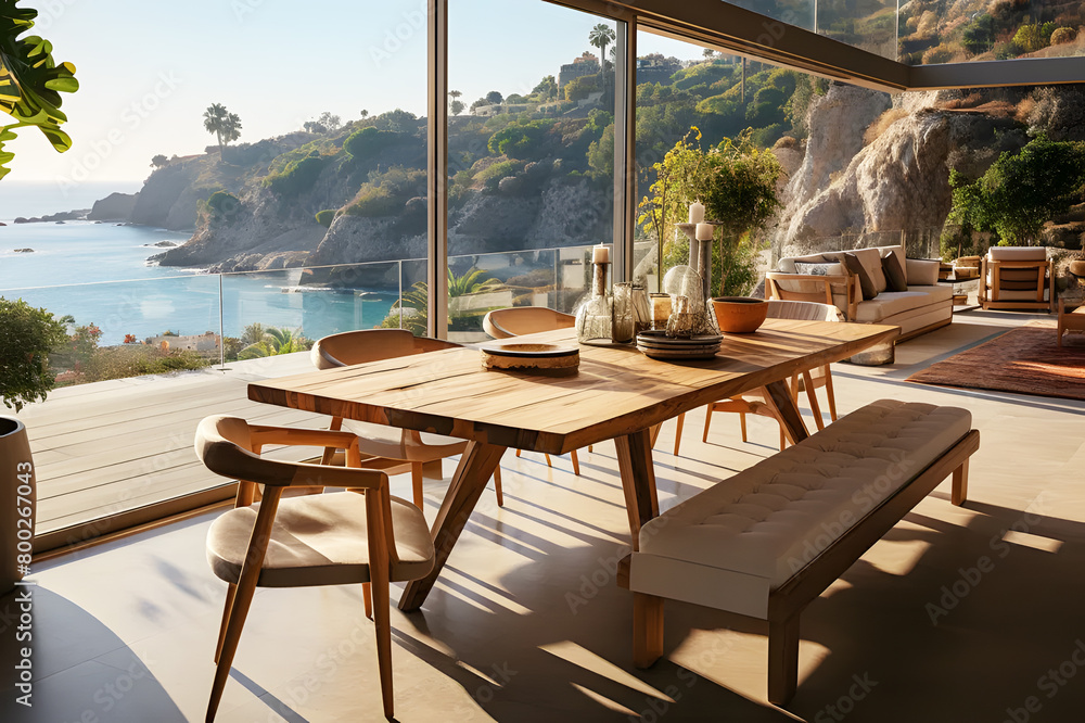Obraz premium Brown wooden reception table and chairs in living room in morning bright cloud sky. Landscape beach resort alfresco cafe or bar with sea and swimming pool. Modern interior decoration.