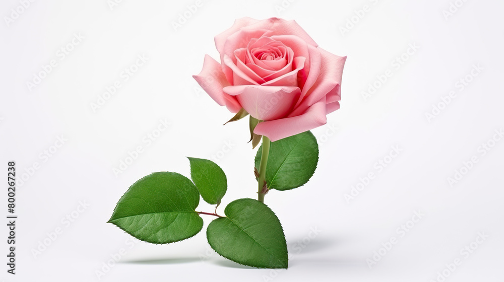 Fototapeta premium An isolated pink rose with green leaves on a white background