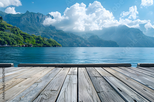 Empty wooden floor with sea and mountain background, perfect for product display montages and marketing designs. photo