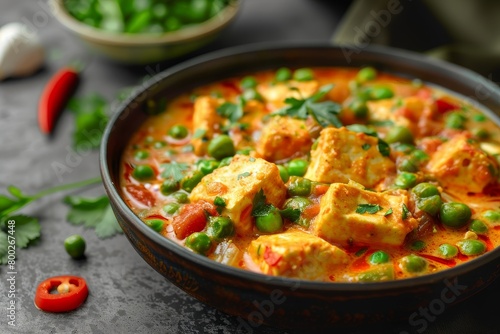 Matar paneer curry with peas and cheese in a bowl