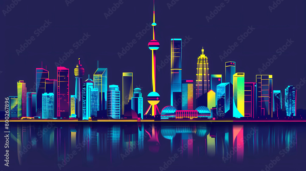 Neon, brightly colored city skyline at night