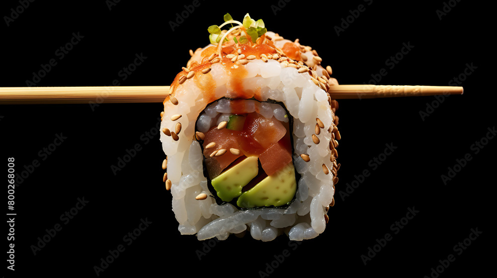 Close-up of avocado and prawn sushi isolated on a black background Close-up of avocado and prawn sushi isolated on a black background