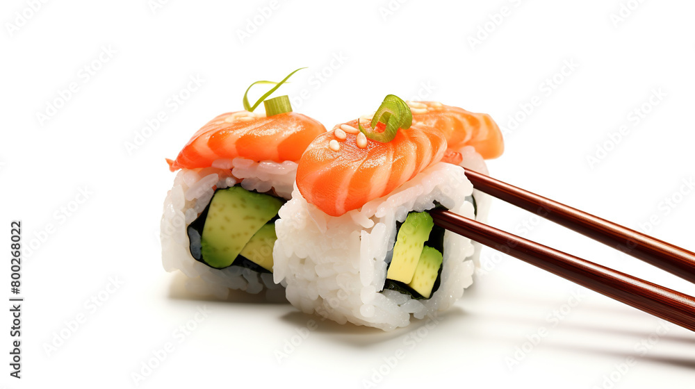 Close-up of avocado and prawn sushi isolated on a white background Close-up of avocado and prawn sushi isolated on a white background