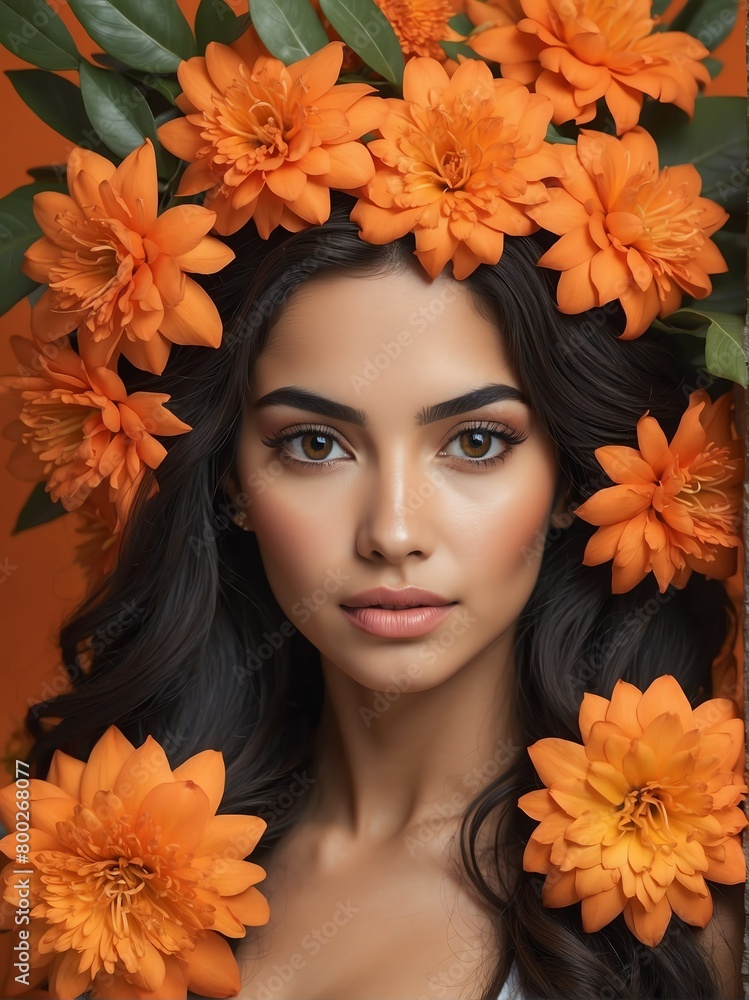 orange flowers background close-up portrait of hispanic mexican beautiful woman from Generative AI