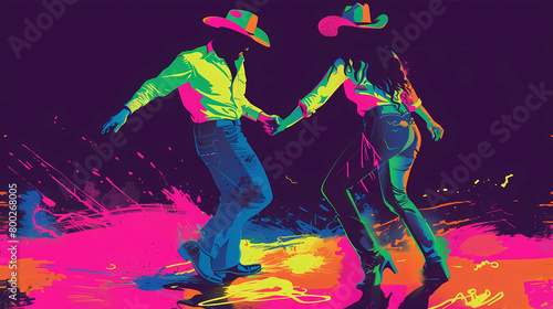 Neon, brightly colored country-western dancers © Graphic Resources