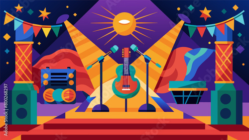 A vibrant and colorful stage adorned with musical instruments and microphones ready to celebrate the talents of African American performers at the. Vector illustration