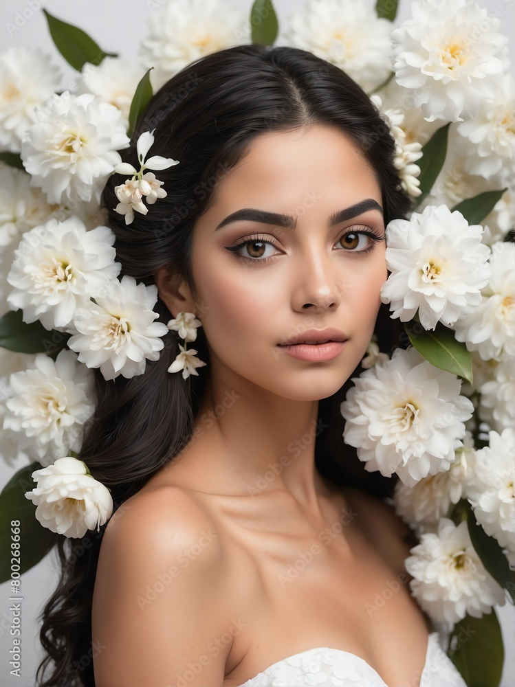 white flowers background close-up portrait of hispanic mexican beautiful woman from Generative AI