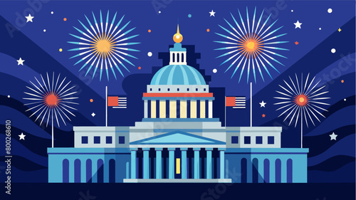 The grand pillars of the Capitol Building stand as a backdrop to the mesmerizing display of bursting fireworks in the night sky.. Vector illustration