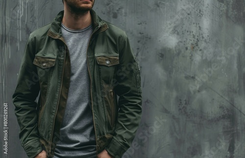 Men s casual fashion with gray background focus on style and beauty concept