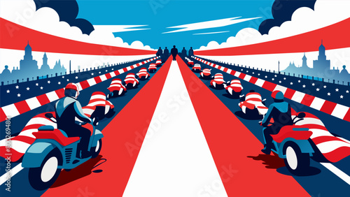 The blacktop is transformed into a sea of red white and blue as the rally ss its way through town with each motorcycle leaving behind a trail of. Vector illustration