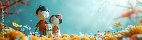 A cute cartoon couple is standing in a field of flowers. photo
