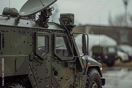 Military vehicle with satellite dish locator for intercepting radio signals photo