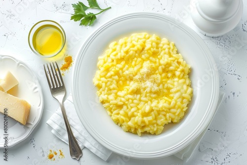 Milanese saffron risotto with butter and cheese served on a white table from top view