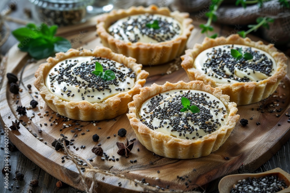 Mini holiday tarts with soft cheese and chia seeds focused Mini holiday tarts with soft cheese and chia seeds focused