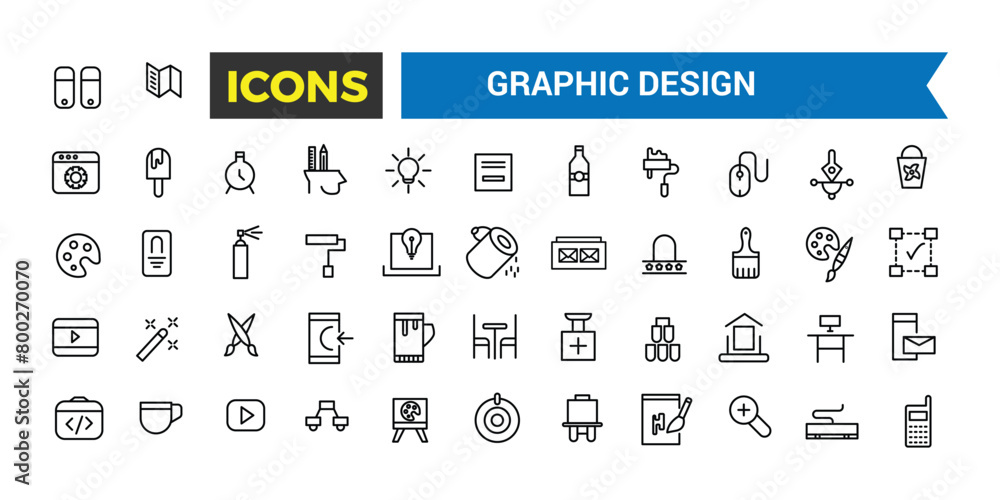 Set Of Thin Line Icons Of Graphic Design, Icons In A Modern Style Flat, Creative Process, Graphic Design, Creative Package, Stationary, Software, Vector Illustration