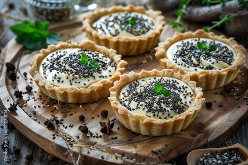 Mini holiday tarts with soft cheese and chia seeds focused