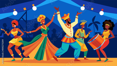 A vibrant dance performance takes place on stage as dancers dressed in colorful Africaninspired attire move to the rhythms of traditional drums. Vector illustration